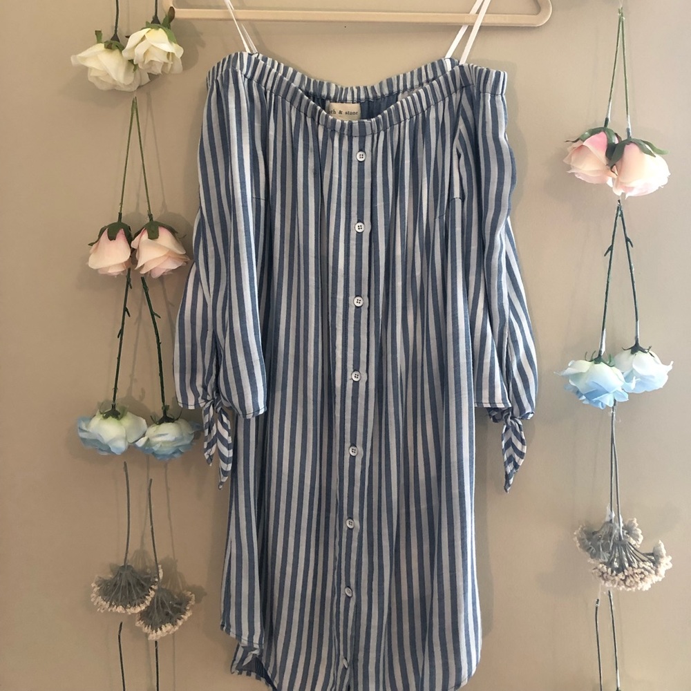 Stripped, botton up, off the shoulder dress/shirt